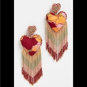 NWT Deepa Gurnani red fabric printed heart beaded passion earrings